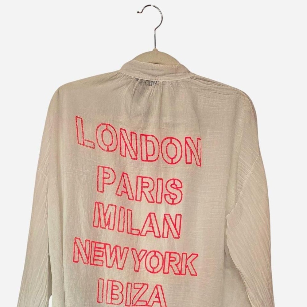 City print shirt cover up see-through linen white